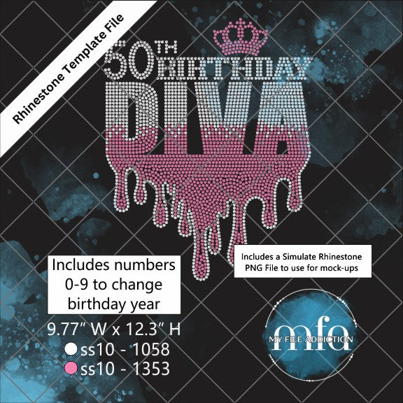 Birthday Diva Drip Ombre with Year Rhinestone Template File