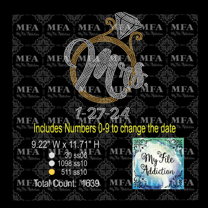 Mrs Large Wedding Ring with Date Rhinestone Digital Download File