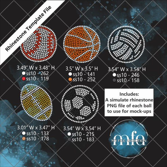 Sports Balls Baseball Softball Basketball Soccer Football Volleyball Rhinestone Template File