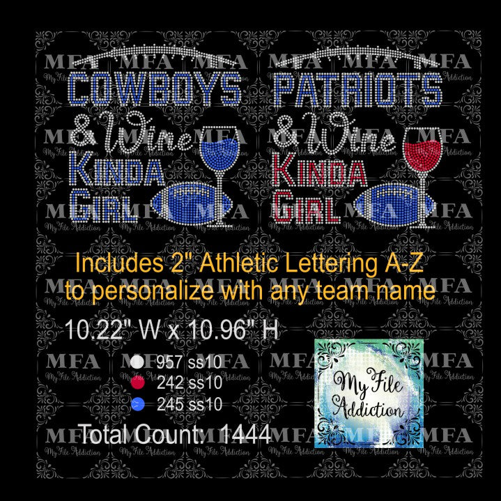 Football & Wine Kinda Girl with Letters Rhinestone Digital Download File