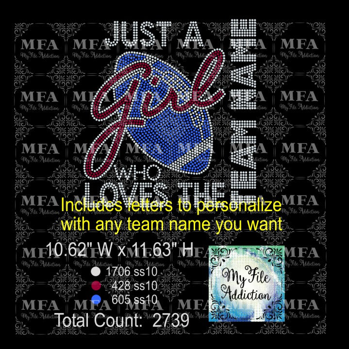 Just A Girl Who Loves the Football Team with Letters Rhinestone Digital Download File