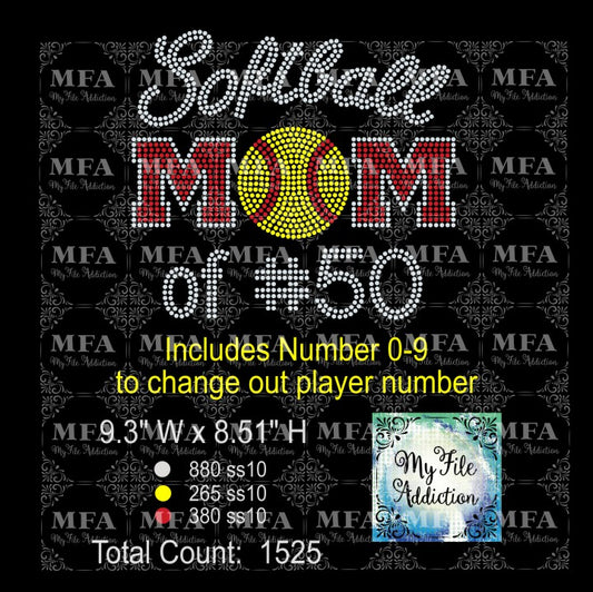 Softball Mom with Player Number Rhinestone Digital Download File