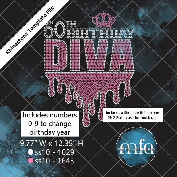 Birthday Diva Drip Ombre with Year Rhinestone Template File