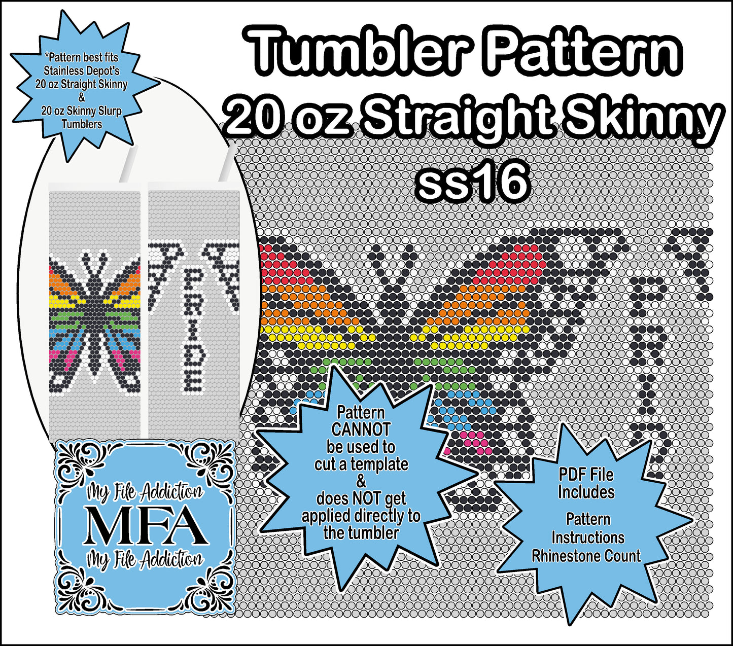 Butterfly Rainbow Pride 2 ss16 Rhinestone 20 oz Tumbler Pattern