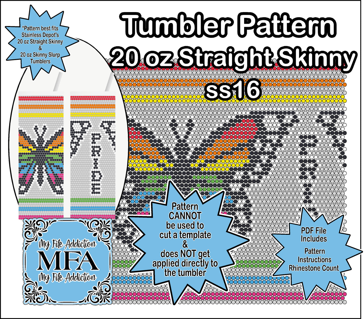 Butterfly Rainbow Pride 3 ss16 Rhinestone 20 oz Tumbler Pattern