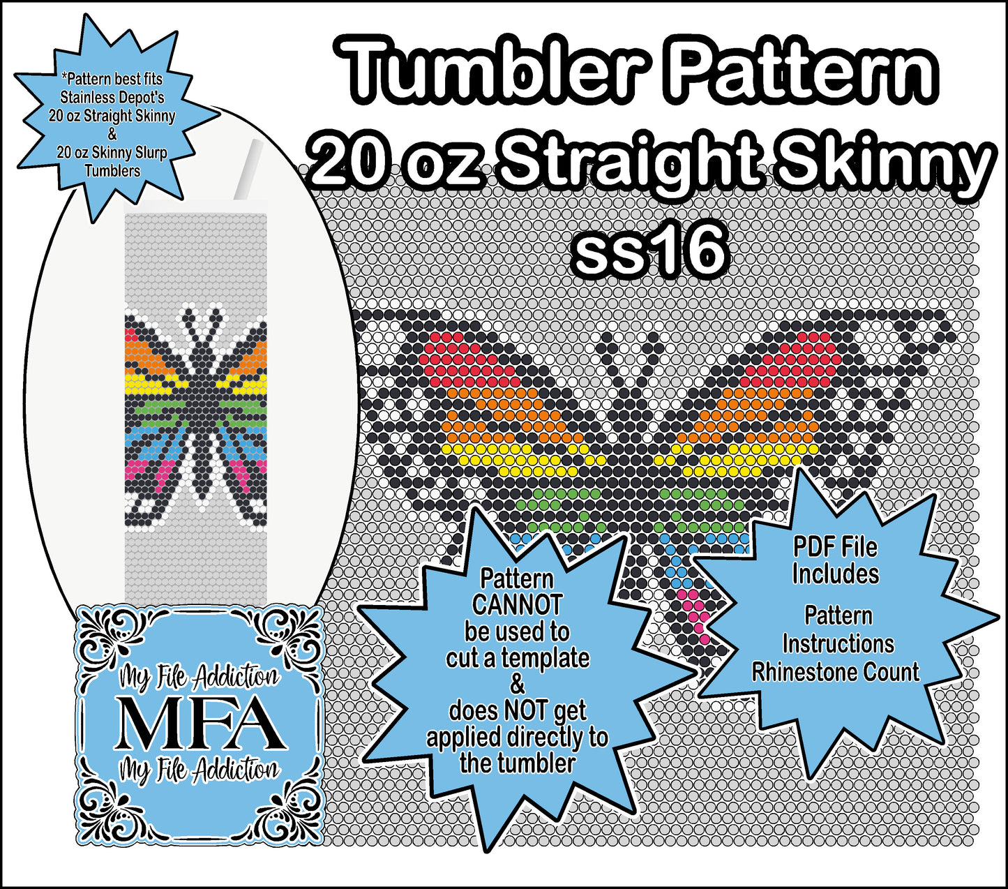 Butterfly Rainbow ss16 Rhinestone 20 oz Tumbler Pattern