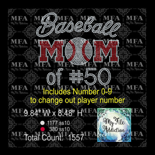 Baseball Mom with Player Number Rhinestone Digital Download File