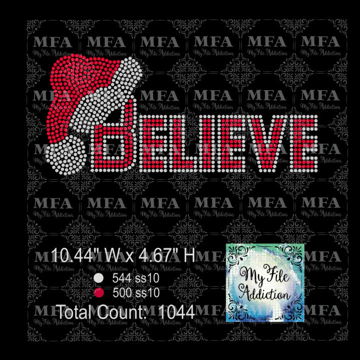 Believe Santa Hat Rhinestone Digital Download File