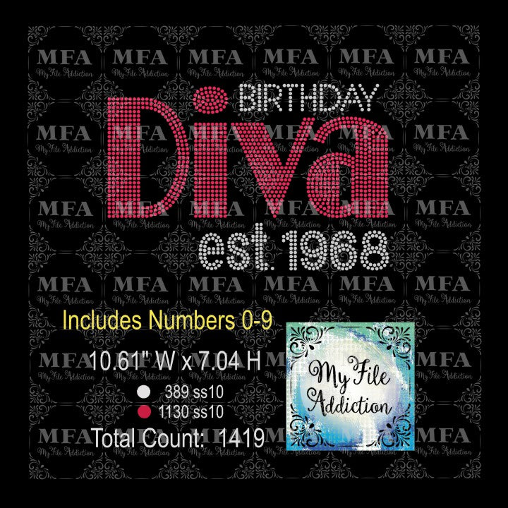 Birthday Diva Large & Est Numbers Rhinestone Digital Download File - My File Addiction