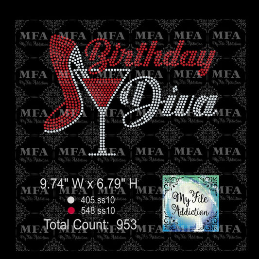 Birthday Diva Martini Rhinestone Digital Download File