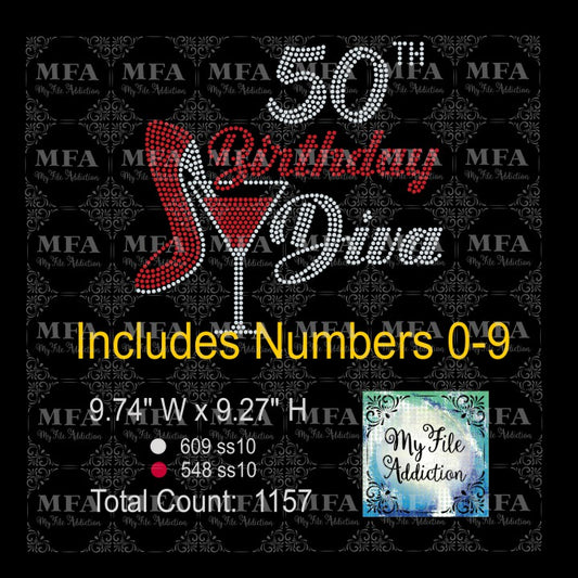 Birthday Diva Martini 40 50 60 70 Rhinestone Digital Download File