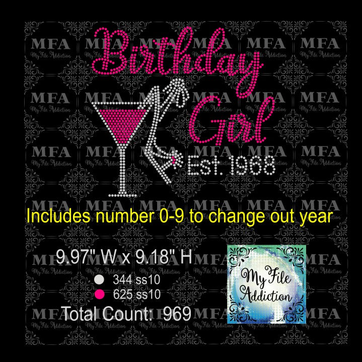 Birthday Girl Martini EST Rhinestone Digital Download