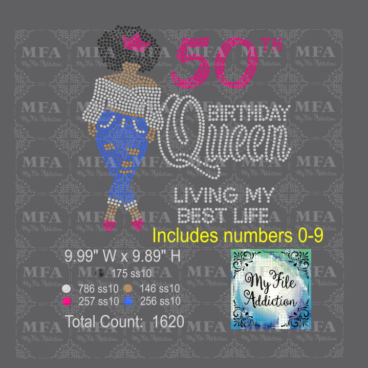 Birthday Queen with Year Woman 30 40 50 60 75 Rhinestone Digital Download File