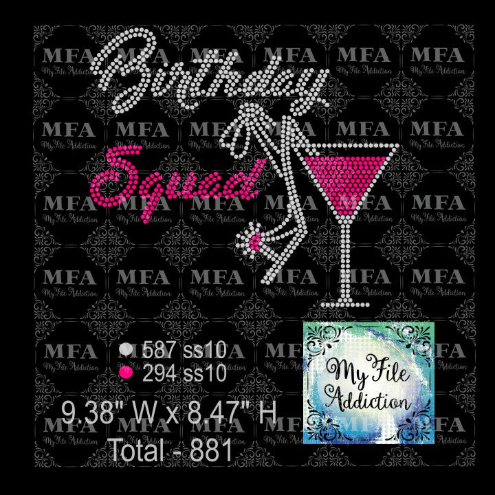 Birthday Squad Martini Glass Rhinestone Digital Download File - My File Addiction