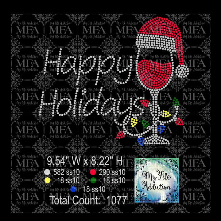 Happy Holidays Wine Glass Lights Rhinestone Digital Download File - My File Addiction