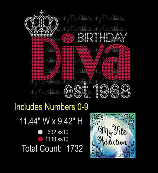 Birthday Diva Large with Crown & Est Numbers Rhinestone Digital Download File - My File Addiction